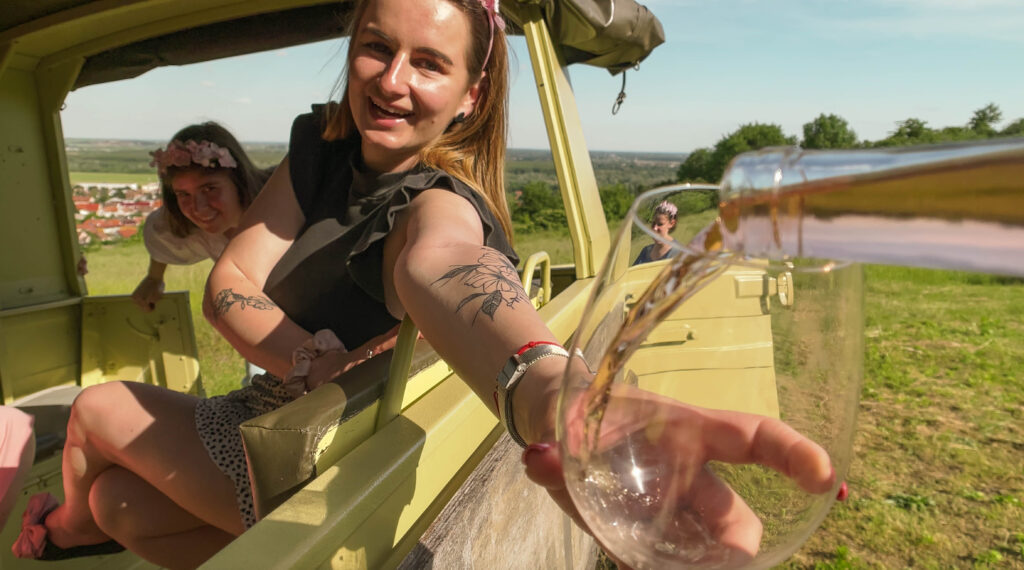 WINESAFARI Svaty Jur Slovakia local glass of wine tasting attraction the best guided tour outdoor fun Pinzgauer new experience vineyards in Bratislava area close to Vienna Austria in Central Europe enjoy sun and wine with the friends and drink spring water and stay safe