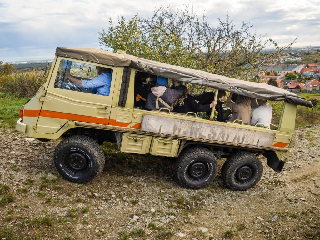 WINESAFARI Svaty Jur Slovakia local glass of wine tasting attraction the best guided tour outdoor fun Pinzgauer new experience vineyards in Bratislava area close to Vienna Austria in Central Europe steep hills small carpathian mountains 6x6 ride fun tour with experienced driver